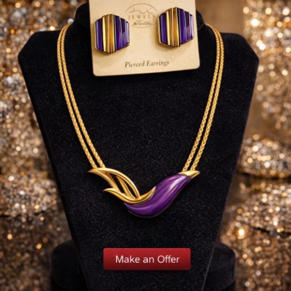 Vtg Park Lane Ladies Choice Purple Gold Necklace Pierced Earring Set 1980's NEW